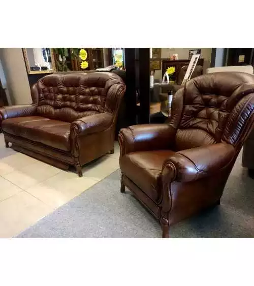 Komplet klasycznych mebli skórzanych Kevin Sofa i 2 fotele