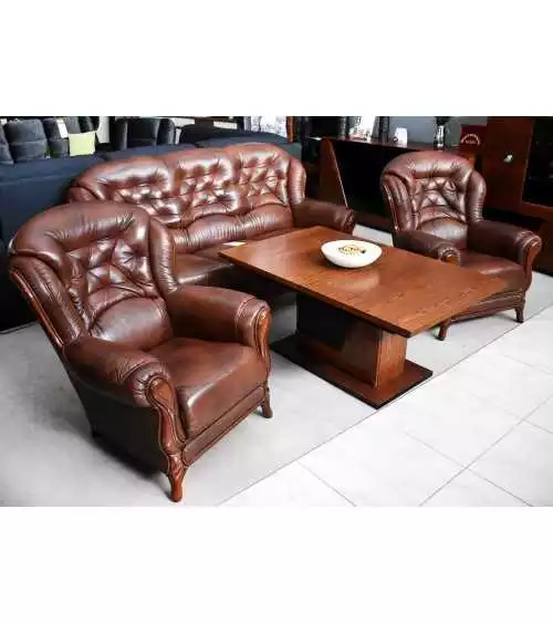 Komplet klasycznych mebli skórzanych Kevin Sofa i 2 fotele