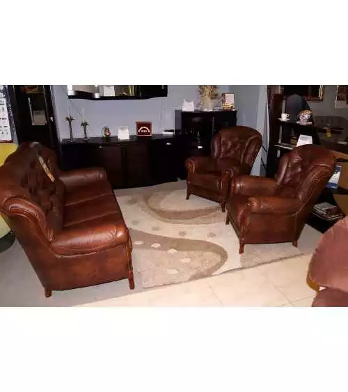 Komplet klasycznych mebli skórzanych Kevin Sofa i 2 fotele